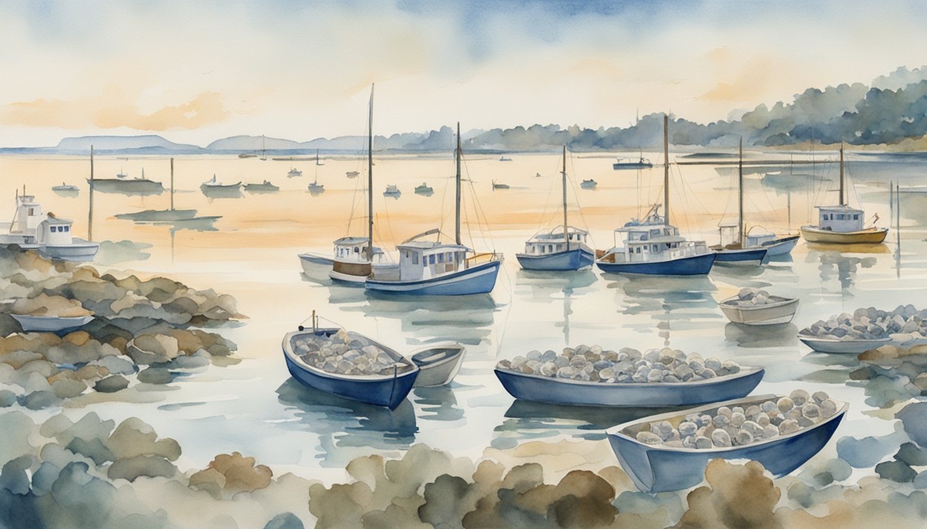 Watercolor painting of boats in tranquil harbor.