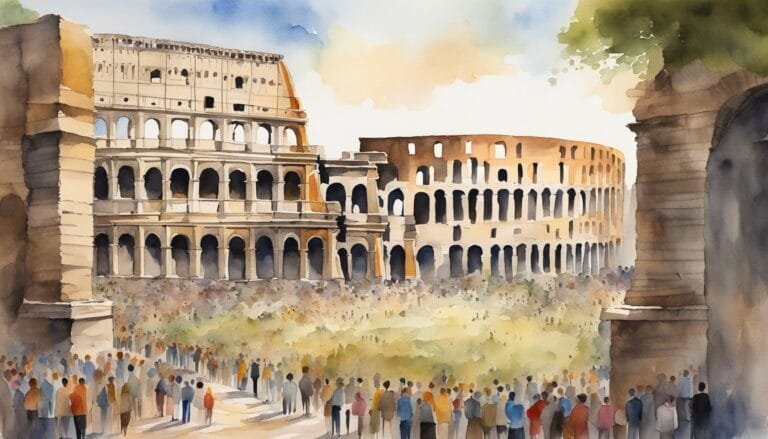 Watercolor of Colosseum with tourists in Rome.