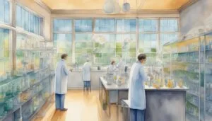 Scientists working in a bright, vintage laboratory.