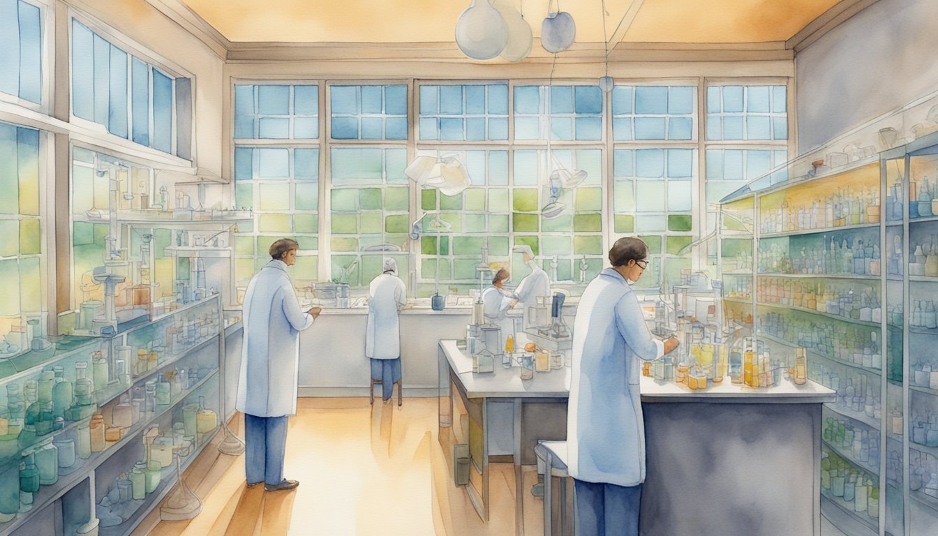 Scientists working in a bright, vintage laboratory.