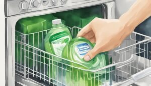 Loading dishwasher with green detergent bottle.