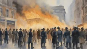 Large fire with crowd and firefighters observing.