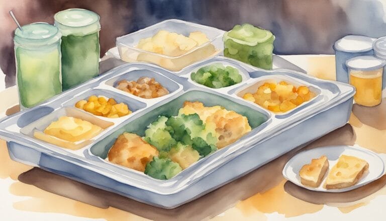 Watercolor illustration of a school lunch tray with food.