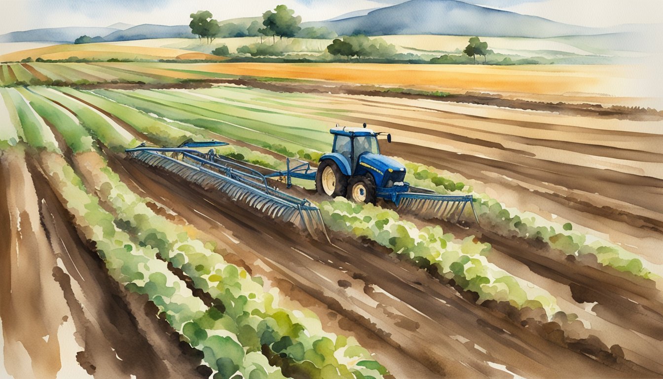 Blue tractor plowing farm fields, watercolor rural landscape.