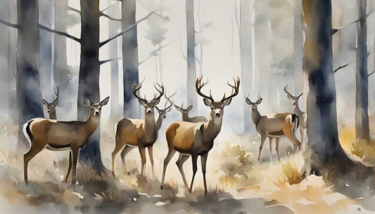 Watercolor painting of deer in misty forest.