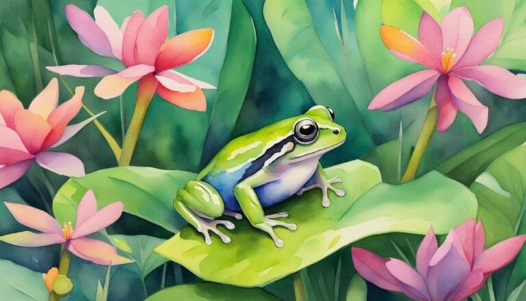 Colorful frog on lily pad, watercolor flowers background.