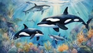 Orcas swimming in a vibrant underwater seascape