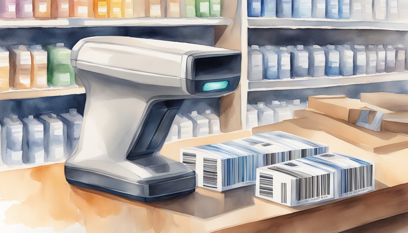 Barcode scanner on store counter with products.