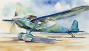 Watercolor painting of a vintage airplane on a runway.