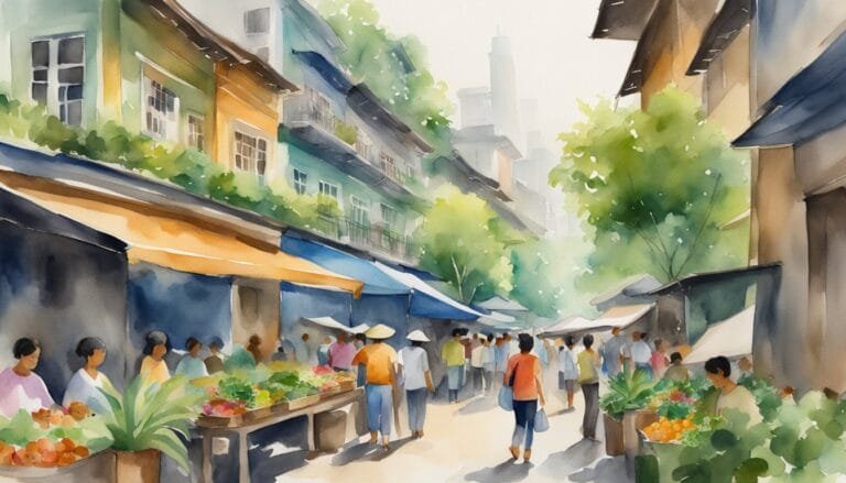 Watercolor of bustling outdoor market street scene.