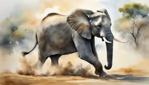 Watercolor painting of an elephant walking in savannah.