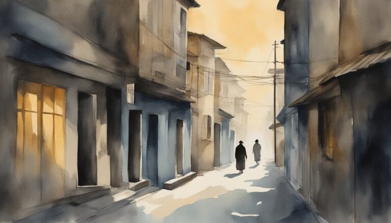 Watercolor painting of people walking down a city alley.