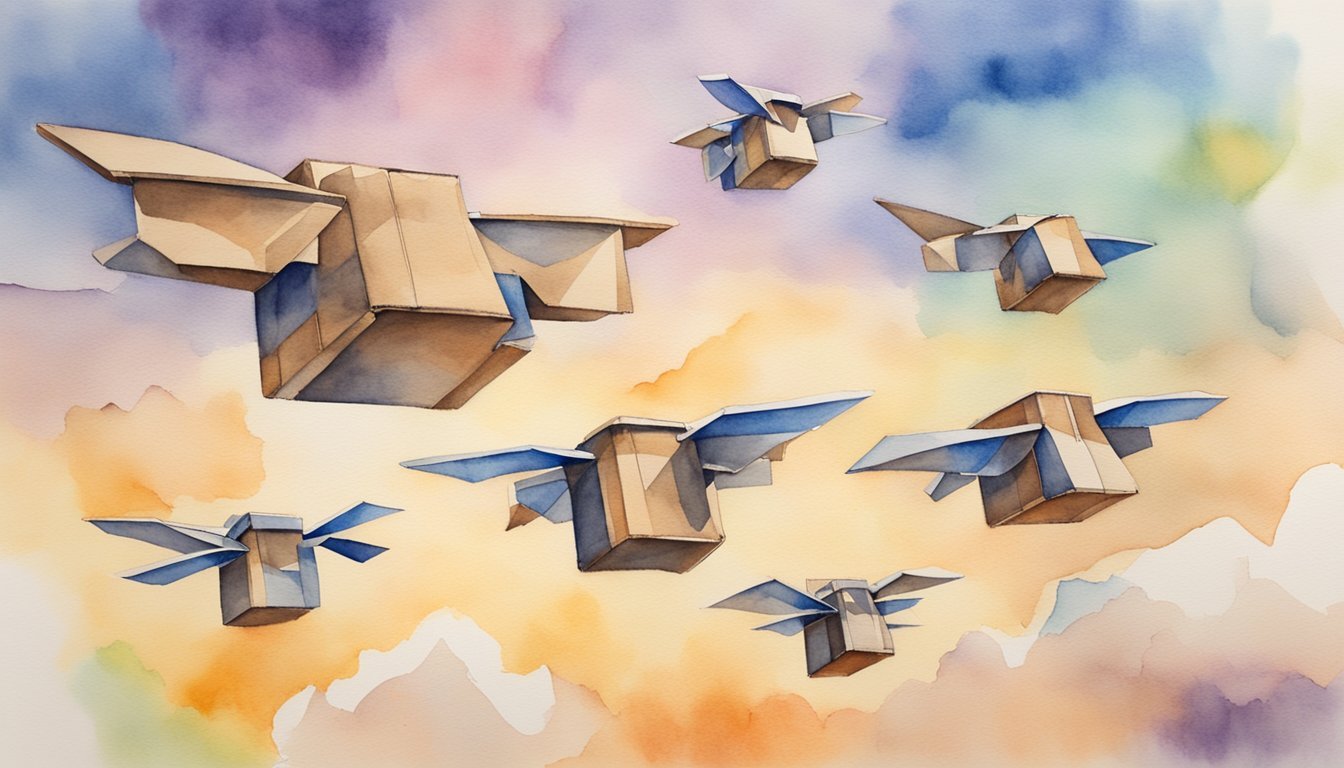 Watercolor painting of flying paper airplanes.