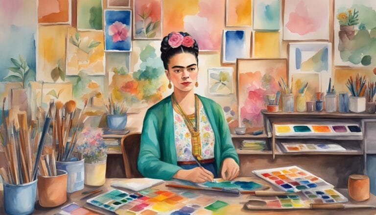 Watercolor painting of an artist in a colorful studio.