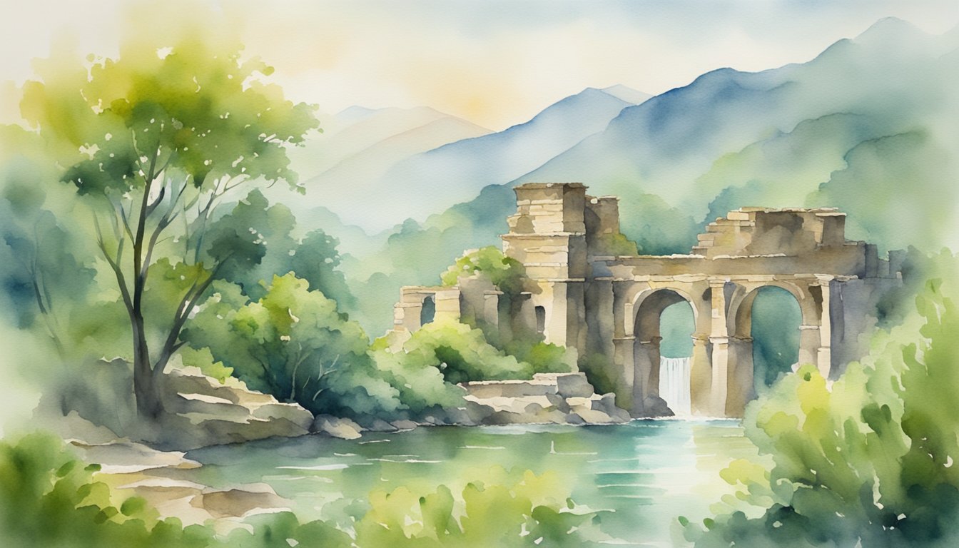 Watercolor ancient ruins in lush landscape