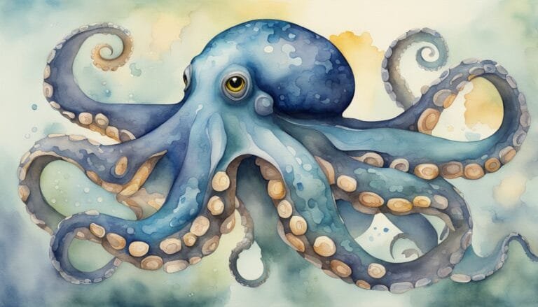 Watercolor illustration of a blue octopus.