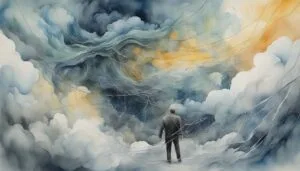 Person amidst clouds in surreal watercolor painting.