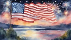 American flag and fireworks in watercolor style.