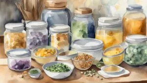 Watercolor painting of assorted spices in jars and bowls.