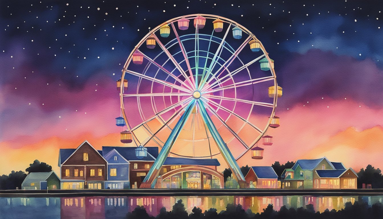 Illuminated Ferris wheel at dusk with colorful sky.