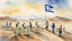 Watercolor of people planting trees under Israeli flag.