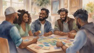 Group of friends playing a board game and laughing.