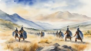 Watercolor painting of ancient warriors marching through mountains.