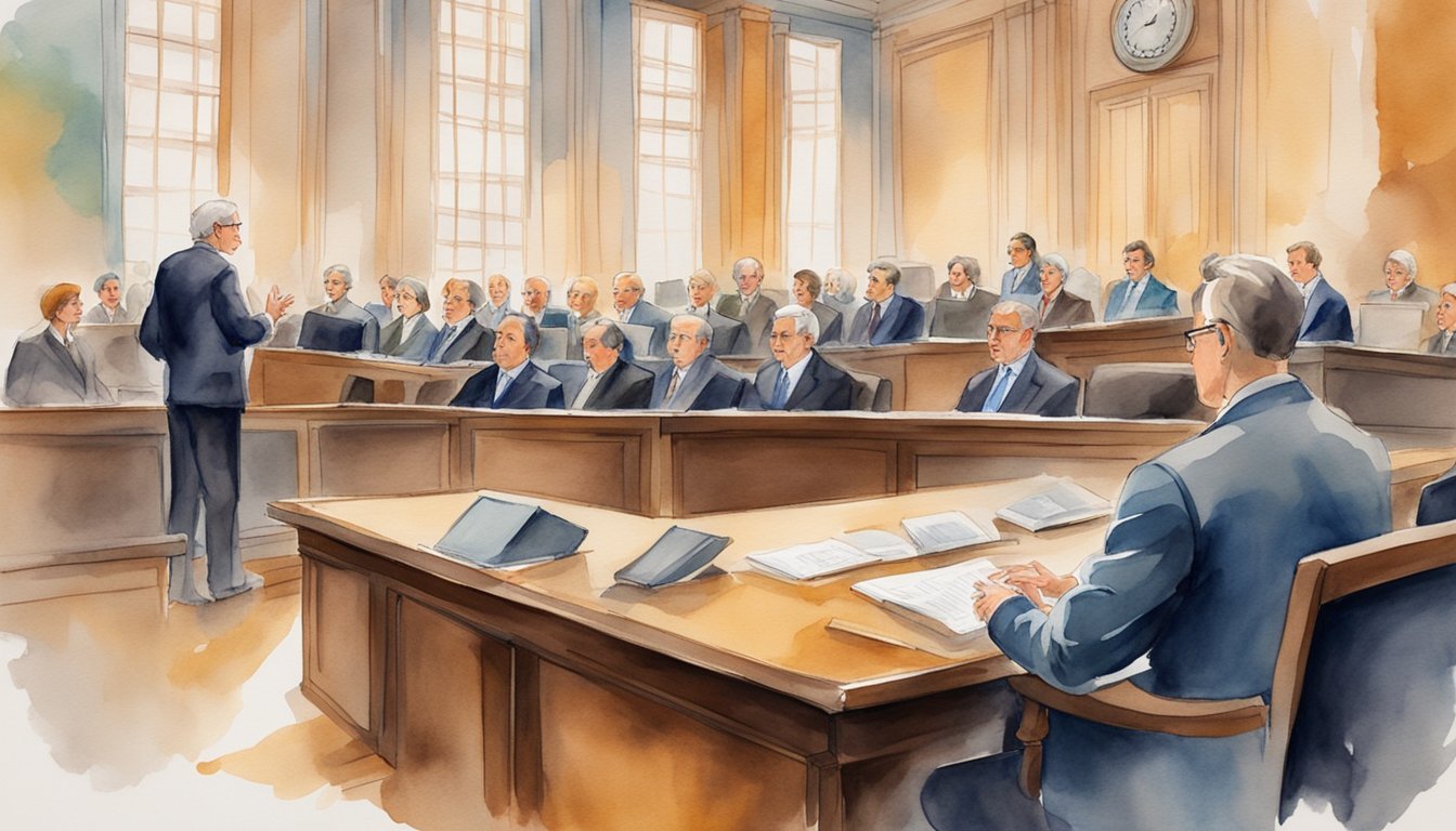 Watercolor illustration of courtroom with jury and attorney.