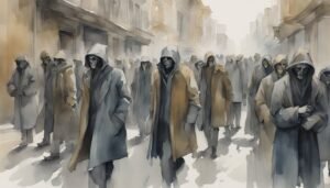 Crowd of cloaked figures, one with skull face, watercolor.