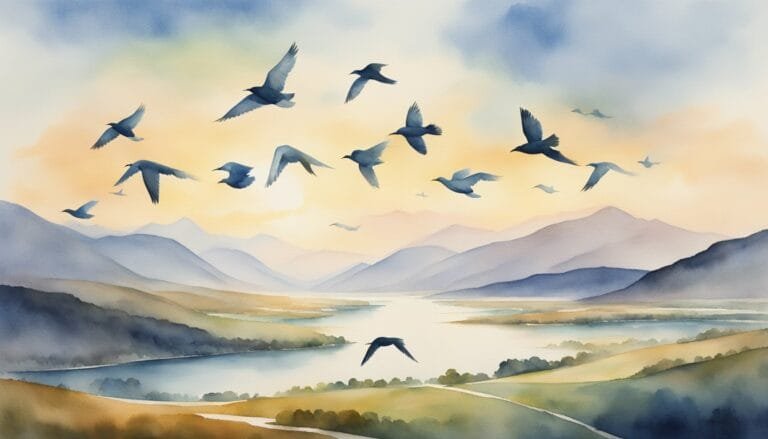 Watercolor landscape with flying birds and sunset mountains.