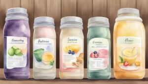 Illustration of five colorful smoothie bottles in a row.