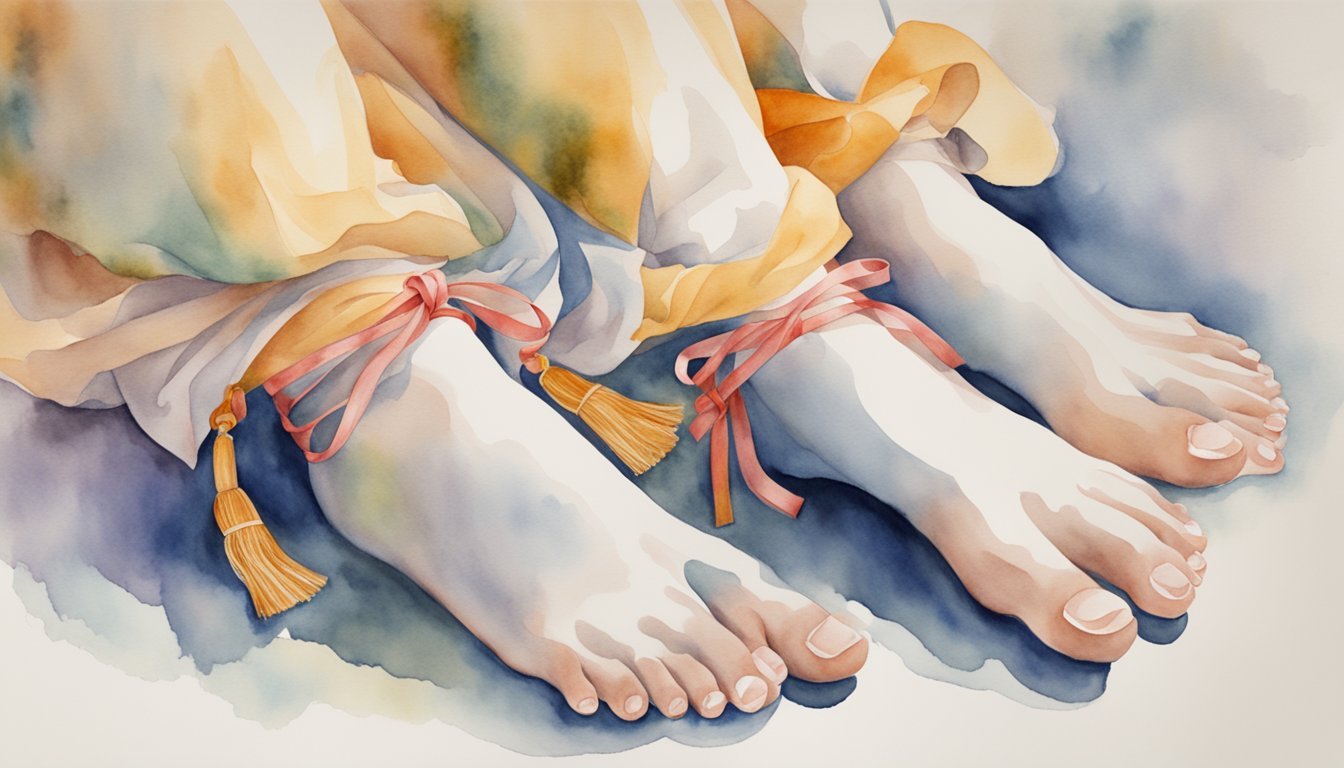 Watercolor painting of bare feet with ribbon-tied ankles.