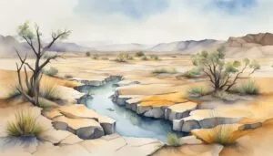 Watercolor painting of desert oasis scene.