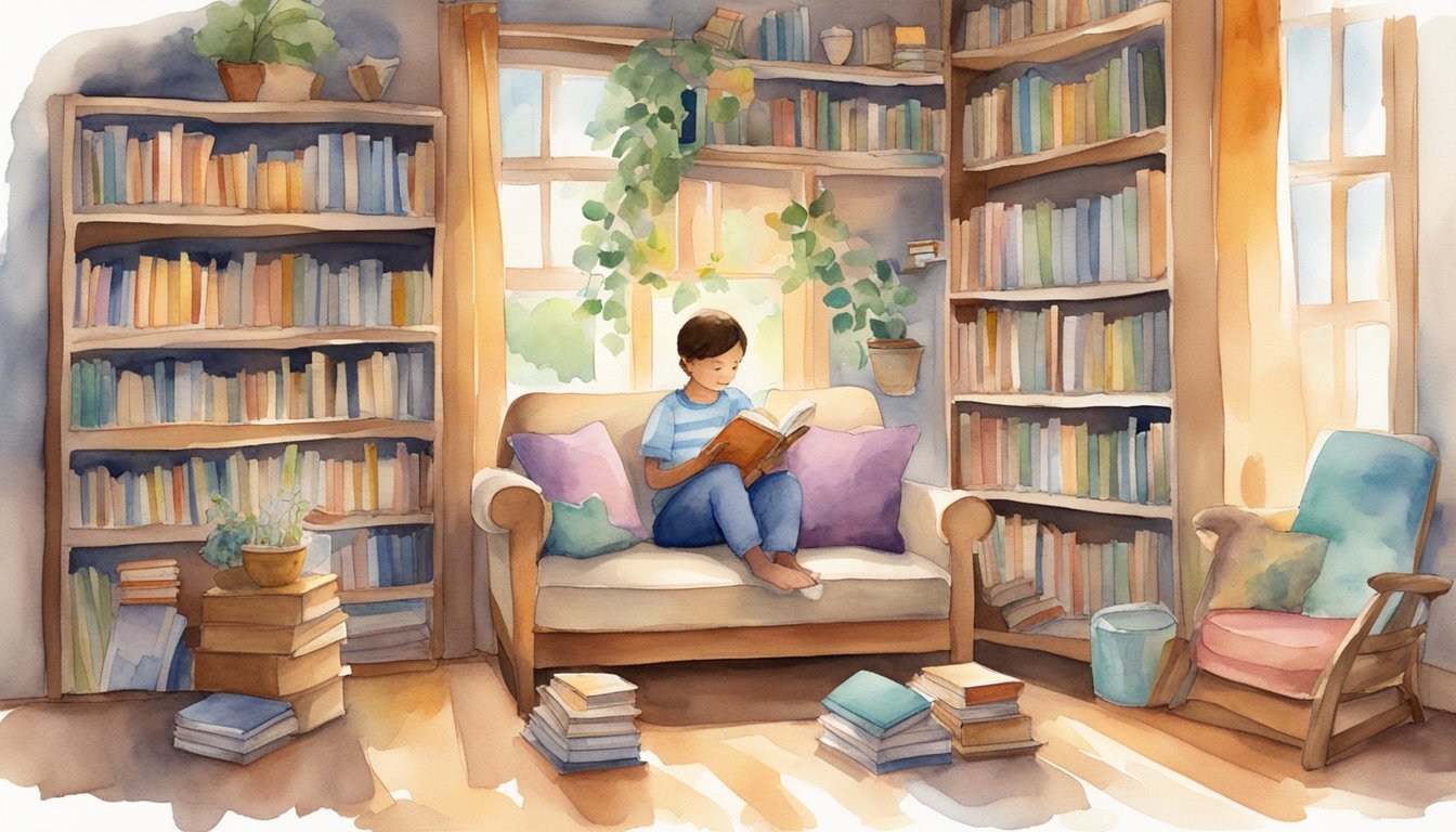 Child reading in cozy home library with sunlight.