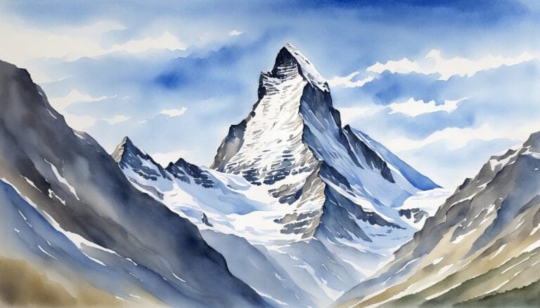 Watercolor painting of a snowy mountain peak.