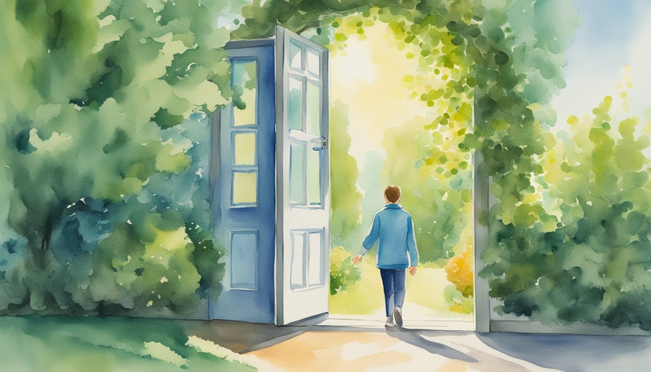 Person approaching open door in sunlit watercolor landscape.