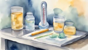 Watercolor painting of science experiment setup with thermometer.