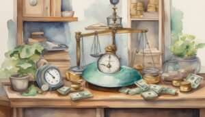 Vintage scales with money and clocks watercolor painting.