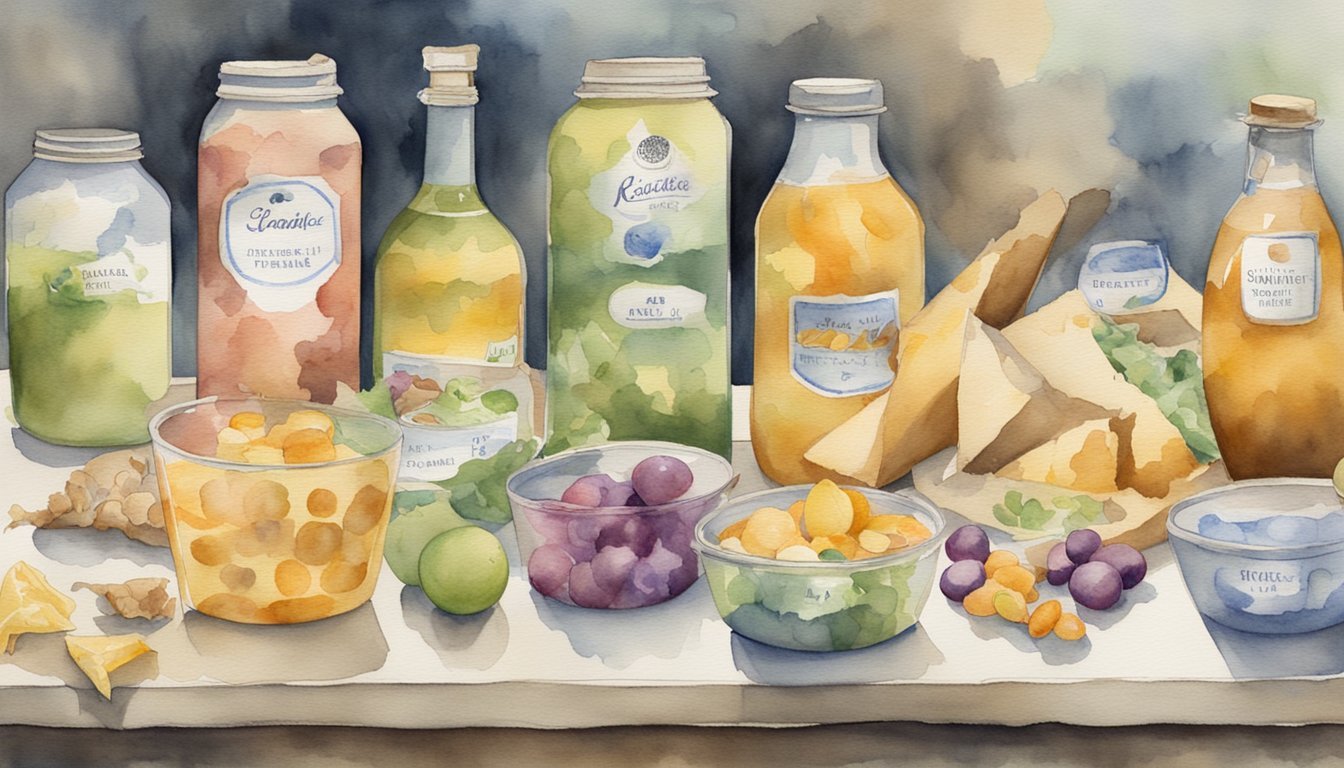 Watercolor painting of assorted dairy products and fresh fruits.