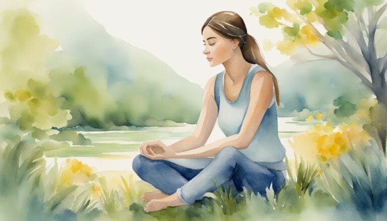 Woman meditating in serene nature watercolor painting.