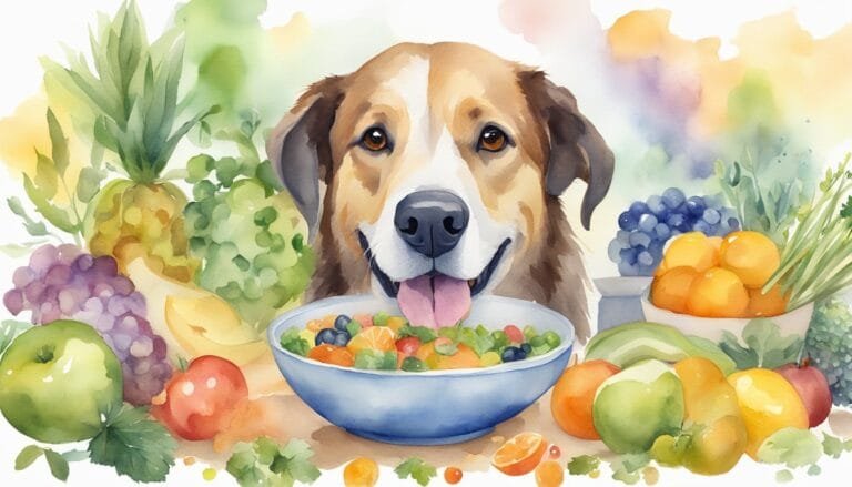 Dog with a bowl of vegetables and fruits.