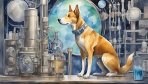 Illustration of dog in sci-fi laboratory setting.