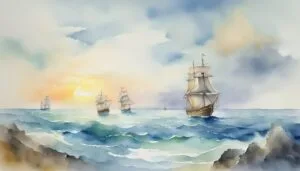 Sailing ships at sunset, watercolor sea scene.
