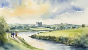 Watercolor landscape painting with castle, river, and walking figures.