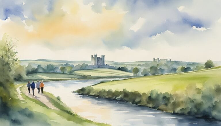 Watercolor landscape painting with castle, river, and walking figures.