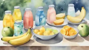 Colorful watercolor of fruit and beverages.