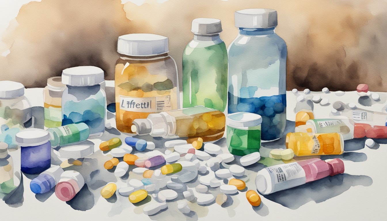 Watercolor painting of various medication bottles and pills.