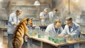 Scientists working with dog in vintage lab illustration.