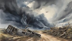 Stormy landscape with derelict buildings and flying airplane.