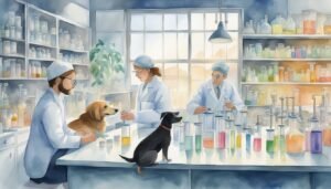 Illustration of scientists with dogs in a laboratory.